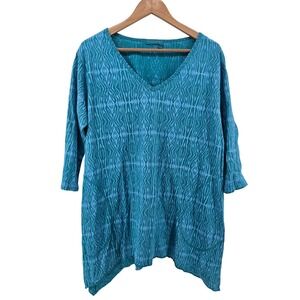 Fresh Produce Teal Blue Tunic Top Large 3/4 Sleeve Cotton Beach Resort